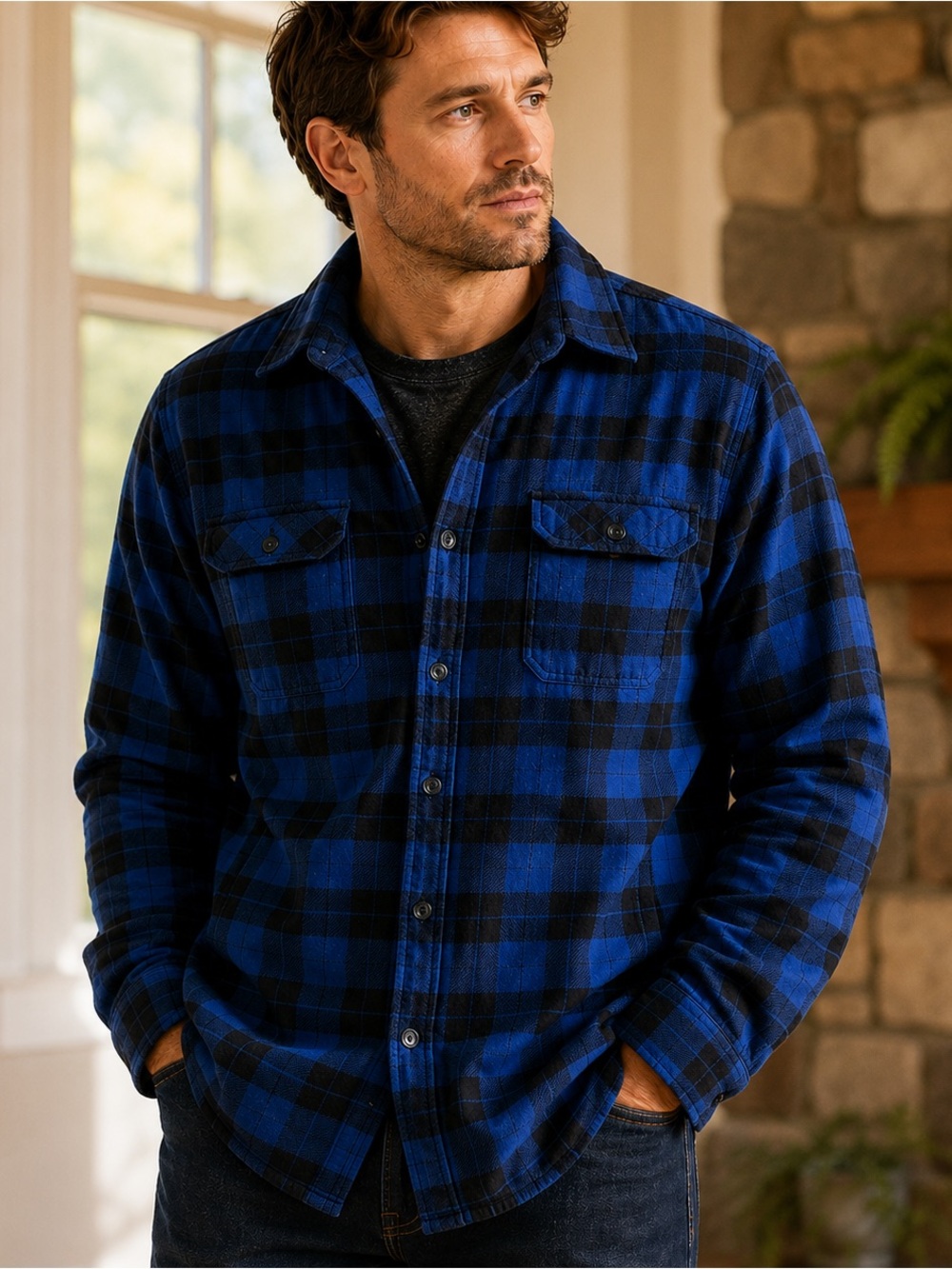 L.L.Bean Fleece Lined Flannel Shirt Jacket Men’s L Blue Black Plaid